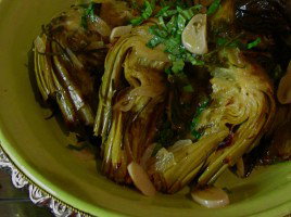 Roasted Artichoke with lemon, olives and mint