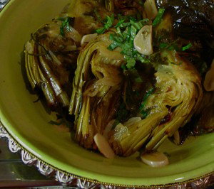 Roasted Artichoke with lemon, olives and mint